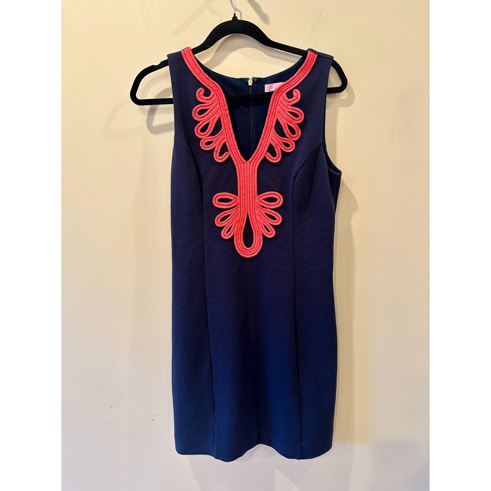 Lilly Pulitzer Navy Blue & Coral Janice Shift Dress Sz M Coastal Chic Palm Beach